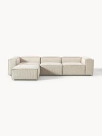 Modulares Sofa Lennon (4-Sitzer) aus Cord mit Hocker (links/rechts), Bezug: Cord (92 % Polyester, 8 %, Gestell: Massives Kiefernholz, Spe, Füße: Kunststoff Dieses Produkt, Cord Hellbeige, B 329 x T 207 cm