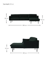 Samt-Ecksofa Moby, Bezug: Samt (Hochwertiger Polyes, Gestell: Massives Kiefernholz, FSC, Füße: Metall, pulverbeschichtet, Samt Dunkelgrün, B 280 x T 160 cm, Eckteil rechts