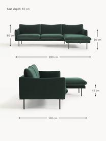 Sofa narożna z aksamitu Moby, Tapicerka: aksamit (wysokiej jakości, Stelaż: lite drewno sosnowe, Nogi: metal malowany proszkowo , Ciemnozielony aksamit, S 280 x G 160 cm, lewostronna