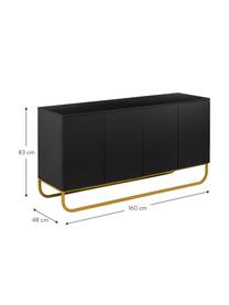 Klassisches Sideboard Sanford in Schwarz mit Türen, Korpus: Mitteldichte Holzfaserpla, Fußgestell: Metall, pulverbeschichtet, Schwarz, Goldfarben, 160 x 83 cm