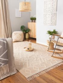 Handgewebter Boho-Teppich Sydney mit Fransen, 60% Baumwolle, 40% Wolle, Beige, Creme, B 120 x L 170 cm (Größe S)