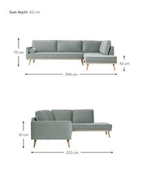 Sofa narożna z aksamitu z nogami z drewna dębowego Saint (4-osobowa), Tapicerka: aksamit (poliester) Dzięk, Szałwiowozielona tkanina, S 294 x G 220 cm