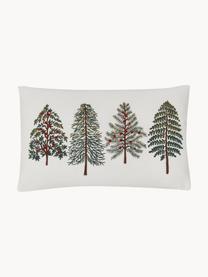 Federa arredo rettangolare ricamata con motivo invernale Fenna, 100% cotone, Verde scuro, bianco crema, rosso, Larg. 30 x Lung. 50 cm