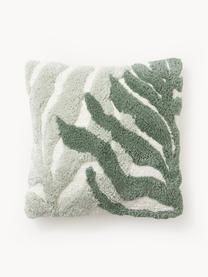 Copricuscino in cotone con motivo foglie trapuntato Sela, 100% cotone, Verde, bianco crema, Larg. 45 x Lung. 45 cm