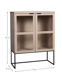 Dressoir Everett met glazen deuren in eiken, Frame: eikenhout, massief, gelak, Frame: gelakt metaal, Wit gewassen, zwart, 95 x 125 cm