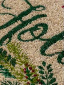 Handgeweven deurmat Happy Holidays, Kokosvezels, Beige, groen, rood, B 43 x L 70 cm