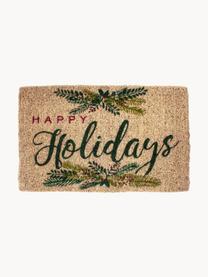 Handgewebte Fussmatte Happy Holidays, Kokosfasern, Beige, Grüntöne, Rot, B 43 x L 70 cm