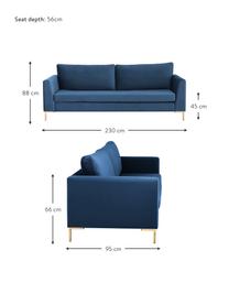 Samt-Sofa Luna (3-Sitzer) in Blau mit Metall-Füssen, Bezug: Samt (Polyester) Der hoch, Gestell: Massives Buchenholz, Samt Blau, Gold, B 230 x T 95 cm