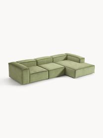 Sofá rinconera modular de pana Lennon, Tapizado: pana (92% poliéster, 8% p, Estructura: madera de pino maciza, ma, Patas: plástico Este producto es, Pana verde oliva, An 327 x F 180 cm, chaise longue izquierda