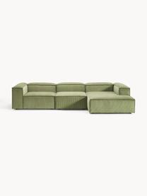 Modulares Ecksofa Lennon aus Cord, Bezug: Cord (92 % Polyester, 8 %, Gestell: Massives Kiefernholz, Spe, Cord Olivgrün, B 327 x T 180 cm, Eckteil links