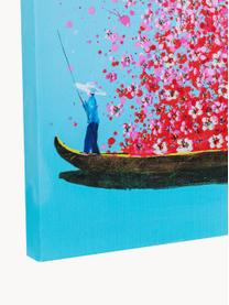 Beschilderd canvas print Flower Boat, Afbeelding: digitale print met acryl , Lijst: massief natuurlijk dennen, Blauw, roze, B 80 x H 100 cm