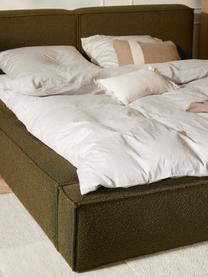Čalouněná bouclé postel Lennon, Olivově zelená, Š 208 cm, D 243 cm (plocha k ležení 140 cm x 200 cm)