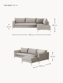 Sofa narożna z aksamitu Luna, Tapicerka: aksamit (100% poliester) , Stelaż: lite drewno bukowe, sklej, Nogi: metal galwanizowany, Greige aksamit, S 280 x G 184 cm, lewostronna