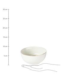 Cuencos de porcelana Fine Bone China Timba, 4 uds., Porcelana fina de hueso (porcelana)
Fine Bone China es una pasta de porcelana fosfática que se caracteriza por su brillo radiante y translúcido., Blanco con estampado verde y dorado, Ø 14 x Al 7 cm