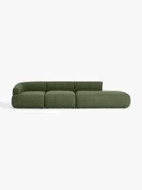 Diván modular grande en tejido bouclé Sofia, Tapizado: tejido bouclé (100% polié, Estructura: madera de abeto, tablero , Patas: plástico Este producto es, Bouclé verde oscuro, An 340 x F 103 cm, módulo esquina izquierda