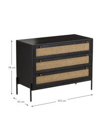 Komoda z plecionką wiedeńską Vienna, Korpus: lite drewno mangowe lakie, Nogi: metal malowany proszkowo, Drewno mangowe, czarny, S 105 x W 78 cm
