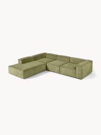 Modulares XL-Ecksofa Lennon aus Cord, Bezug: Cord (92 % Polyester, 8 %, Gestell: Massives Kiefernholz FSC-, Cord Dunkelgrün, B 329 x T 269 cm, Eckteil links