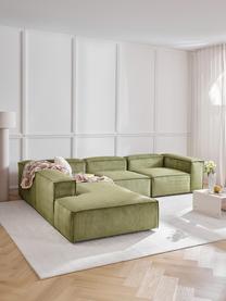 Sofá rinconera modular grande de pana Lennon, Tapizado: pana (92% poliéster, 8% p, Estructura: madera de pino maciza, ma, Patas: plástico Este producto es, Pana verde oliva, An 329 x F 269 cm, chaise longue izquierda