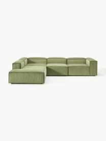 Sofá rinconera modular grande de pana Lennon, Tapizado: pana (92% poliéster, 8% p, Estructura: madera de pino maciza, ma, Patas: plástico Este producto es, Pana verde oliva, An 329 x F 269 cm, chaise longue izquierda