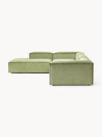 Sofá rinconera modular grande de pana Lennon, Tapizado: pana (92% poliéster, 8% p, Estructura: madera de pino maciza, ma, Patas: plástico Este producto es, Pana verde oscuro, An 329 x F 269 cm, chaise longue derecha