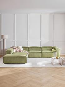 Sofá rinconera modular grande de pana Lennon, Tapizado: pana (92% poliéster, 8% p, Estructura: madera de pino maciza, ma, Patas: plástico Este producto es, Pana verde oscuro, An 329 x F 269 cm, chaise longue derecha