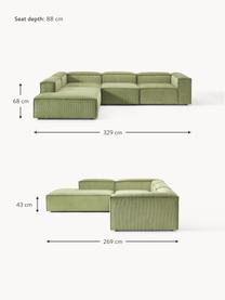 Sofá rinconera modular grande de pana Lennon, Tapizado: pana (92% poliéster, 8% p, Estructura: madera de pino maciza, ma, Patas: plástico Este producto es, Pana verde oscuro, An 329 x F 269 cm, chaise longue derecha