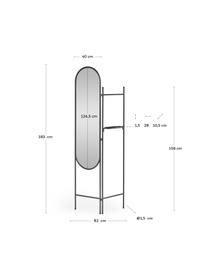 Specchio ovale da terra con cornice in metallo nero e ripiano Vaniria, Cornice: metallo rivestito, Superficie dello specchio: lastra di vetro, Nero, Larg. 82 x Alt. 183 cm