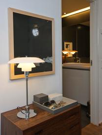 Lámpara de pie grande soplada PH 3½-2½, Pantalla: vidrio opalino soplado ar, Estructura: latón cromado, Cable: plástico, Plateado, blanco, Ø 33 x Al 47 cm
