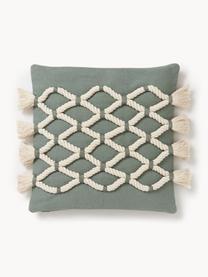 Housse de coussin 40x40 motif nœuds Galliot, 100 % coton, Vert sauge, blanc crème, larg. 40 x long. 40 cm