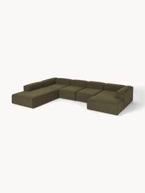 Sofá rinconera longue modular en tejido bouclé Lennon, Tapizado: tejido bouclé (100% polié, Estructura: madera contrachapada de p, Patas: plástico Este producto es, Bouclé verde oliva, An 418 x F 269 cm, chaise longue izquierda