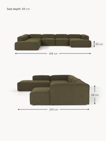 Sofa modułowa Bouclé Lennon, Tapicerka: Bouclé (100% poliester) D, Stelaż: lite drewno sosnowe, skle, Nogi: tworzywo sztuczne Ten pro, Oliwkowozielony Bouclé, S 418 x G 269 cm, lewostronna