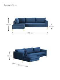 Fluwelen hoekbank Luna in blauw met metalen poten, Bekleding: fluweel (polyester) De ho, Frame: massief beukenhout, Poten: gegalvaniseerd metaal, Fluweel blauw, goudkleurig, B 280 x D 184 cm