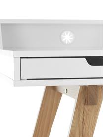 Scrivania con gambe in legno e cassetti Skandi, Gambe: legno di quercia massicci, Bianco, legno di quercia, Larg. 110 x Alt. 85 cm