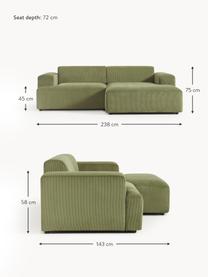 Sofá rinconera de pana Melva (3 plazas), Tapizado: pana (92% poliéster, 8% p, Estructura: madera de pino maciza, ce, Patas: plástico, Pana verde oliva, An 239 x F 143 cm, chaise longue izquierda