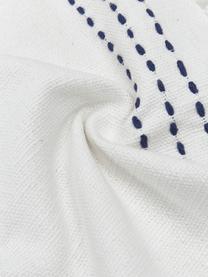 Housse de coussin pur coton à franges Finca, 100 % coton, Blanc, bleu, larg. 50 x long. 50 cm