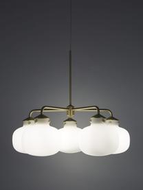 Lampada a sospensione in vetro Raito, Paralume: vetro opale, Decorazione: metallo, Baldacchino: materiale sintetico, Bianco opalino, ottone, Ø 67 x Alt. 55 cm