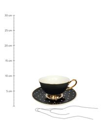 Tazza da tè con piattino Spotty 2 pz, Porcellana cinese placcata oro, Nero, bianco Bordo e manico: dorato, Ø 15 x Alt. 6 cm