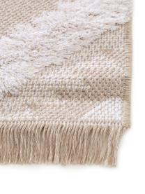 Waschbarer Baumwollteppich Oslo Squares mit Hoch-Tief-Strukturmuster und Fransen, 100% Baumwolle, Cremeweiß, Beige, B 75 x L 150 cm (Größe XS)