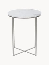Runder Marmor-Beistelltisch Alys, Tischplatte: Marmor, Gestell: Metall, pulverbeschichtet, Weiß marmoriert, Silberfarben, Ø 40 x H 50 cm