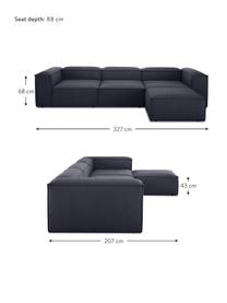 Sofa modułowa z pufem Lennon (4-osobowa), Tapicerka: 100% poliester Dzięki tka, Stelaż: lite drewno sosnowe, cert, Nogi: tworzywo sztuczne, Ciemnoniebieska tkanina, S 327 x G 207 cm