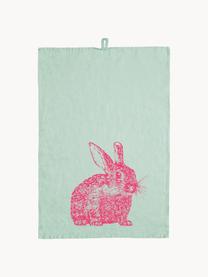 Panno in lino Wild Rabbit, serigrafato a mano, 100% lino, Verde menta, fucsia, Larg. 50 x Lung. 70 cm