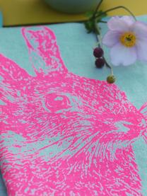 Panno in lino Wild Rabbit, serigrafato a mano, 100% lino, Verde menta, fucsia, Larg. 50 x Lung. 70 cm