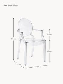 Dizajnová stolička s opierkami Louis Ghost, Polykarbonát, certifikát Greenguard, Priehľadná, Š 54 x H 55 cm