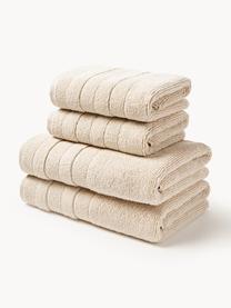 Lot de serviettes de bain avec bordure décorative Luxe, set de tailles variées, Beige clair, 3 éléments (1 serviette invité, 1 serviette de toilette et 1 drap de bain)