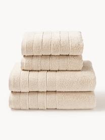 Lot de serviettes de bain avec bordure décorative Luxe, set de tailles variées, Beige clair, 3 éléments (1 serviette invité, 1 serviette de toilette et 1 drap de bain)