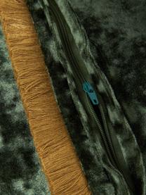 Fluwelen kussenhoes Cyrus met franjes, 100% polyacryl, Groen, okergeel, B 40 x L 40 cm