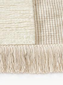 Handgeweven vloerkleed Laine met hoog-laag patroon en franjes, 57% wol (RWS-gecertificeerd), 35% jute, 8% katoen, Beige, crèmewit, B 160 x L 230 cm (maat M)