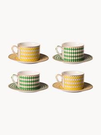 Set de tazas de café con platito Chess, 4 uds., Porcelana esmaltado, Amarillo, verde, Off White, Ø 9 x Al 6 cm, 200 ml