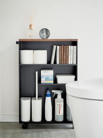 Estantería de baño con ruedas Tower, Estructura: acero con pintura en polv, Tablero: madera, Ruedas: plástico, Negro, madera oscura, An 45 x Al 68 cm