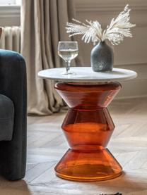 Kulatý odkládací stolek z ručně foukaného skla a mramoru Turin, Bílá, mramorovaná, oranžová, Ø 51 cm, V 51 cm